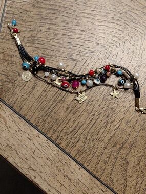 Good Luck Evil Eye Multi-Strand Beaded Charm Bracelet - Red, Blue, White, Gold